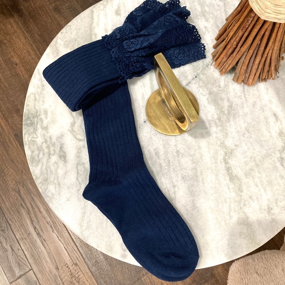 'All Laced Up' Blue Knee High Lace Ribbed Socks - Picture 2 of 8